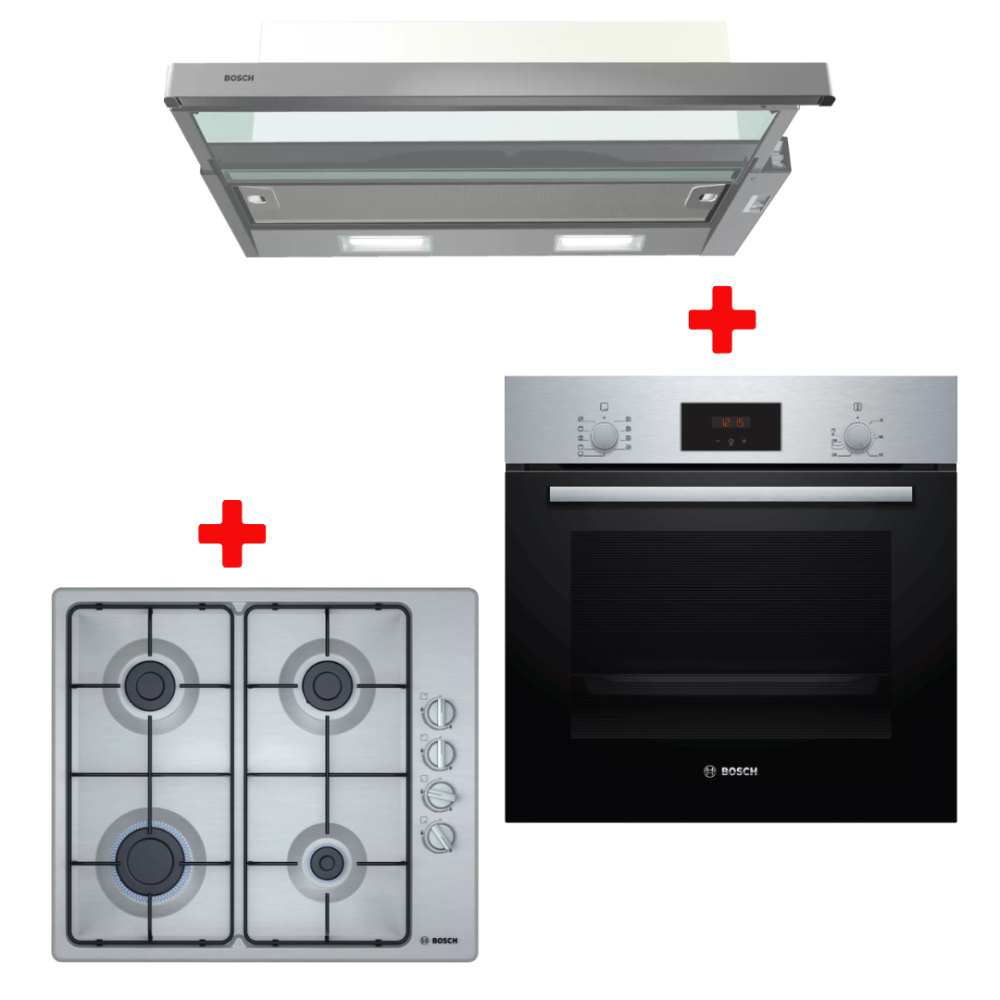 PACK BOSCH ( HOTTE 60CM +FOUR ELECTRIQUE+PLAQUE INOX)