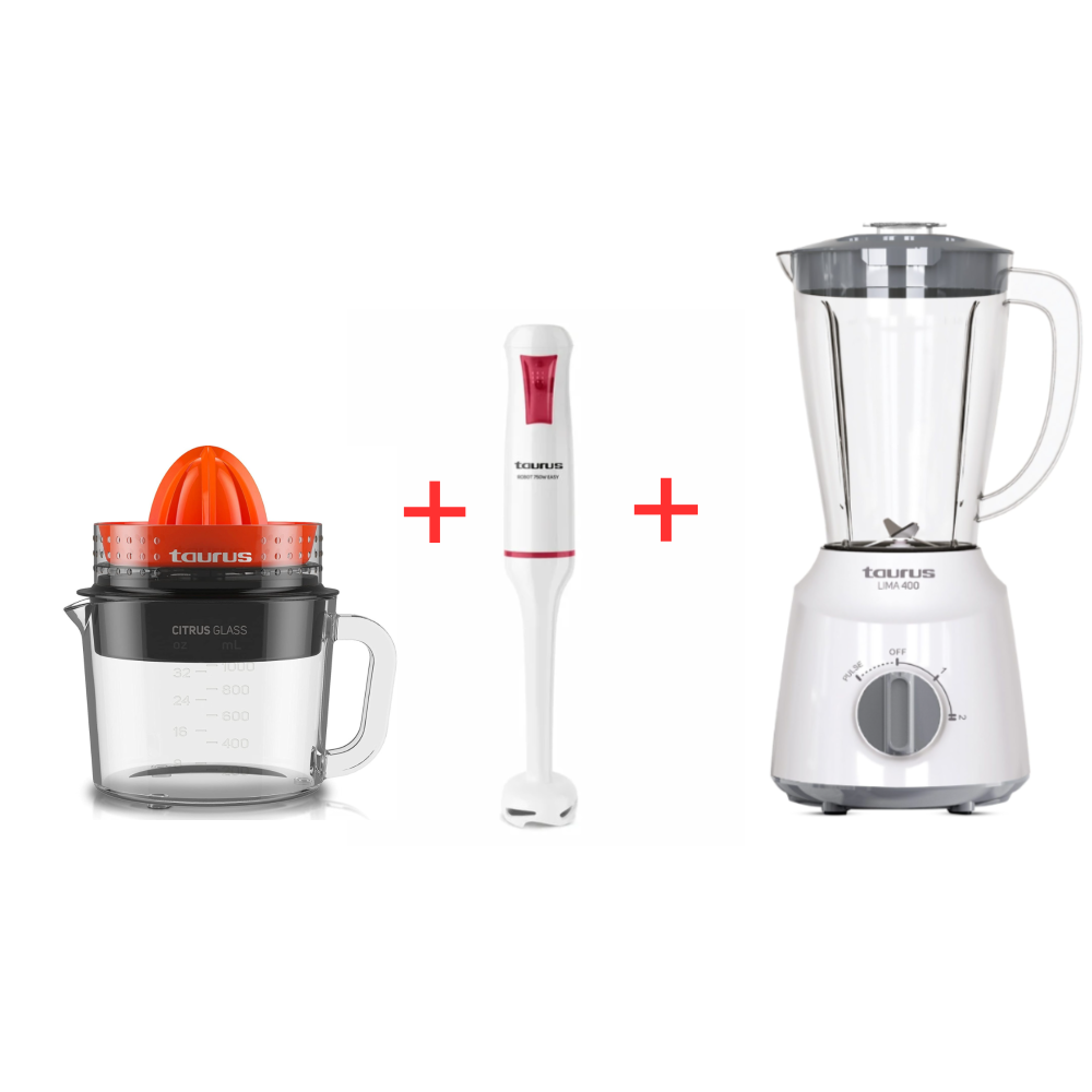 PACK( BLENDER TAURUS LIMA 400 1,5L + MIXEUR PLONGEANT TAURUS EASY 750 BLANC + PRESSE AGRUME TAURUS CITRUS GLASS )