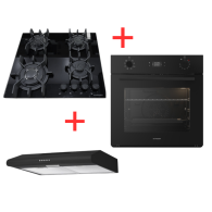 PACK(FOUR MULTIFONCTION 60CM +PLAQUE 4F 60CM VERRE NOIR + HOTTE 60CM NOIR )