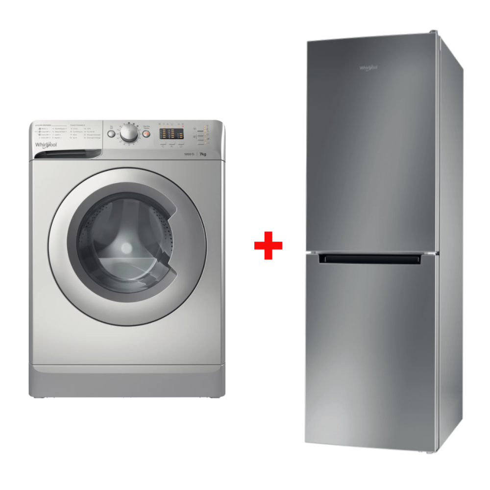 PACK WHIRLPOOL (RÉFRIGÉRATEUR WHIRLPOOL COMBINE 295L INOX + MACHINE A LAVER WHIRLPOOL 7KG 1200TR SILVER)