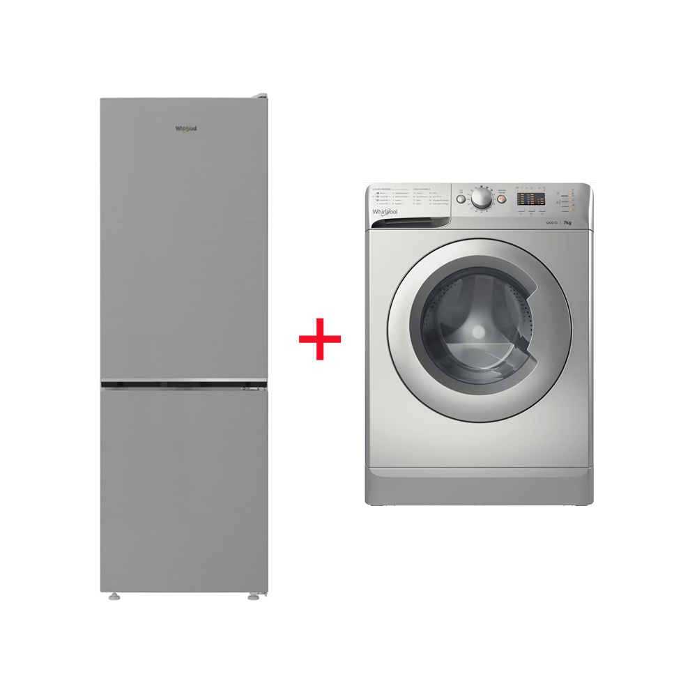 PACK (MACHINE A LAVER WHIRLPOOL 7KG 1200TR SILVER+RÉFRIGÉRATEUR WHIRLPOOL COMBINE NO FROST 301L INOX)