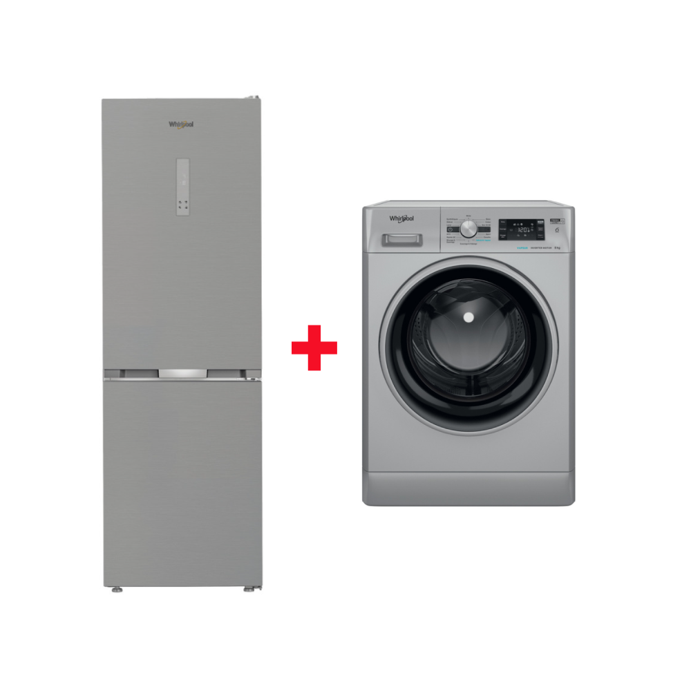 PACK ( RÉFRIGÉRATEUR WHIRLPOOL COMBINE 316L A++ INOX+MACHINE A LAVER WHIRLPOOL 8KG 1200TR 6EME SENCE SILVER)