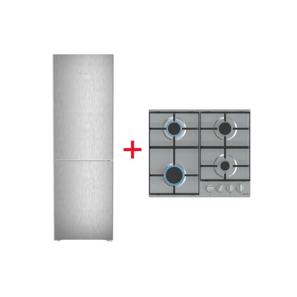 PACK (RÉFRIGÉRATEUR LIEBHERR NO-FROST COMBINÉ 330L INOX+PLAQUE GORENJE 4F 60CM INOX)