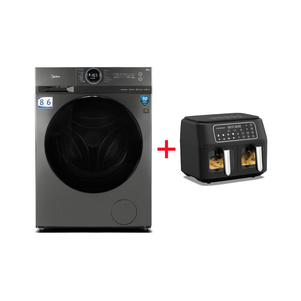 PACK(LAVANTE-SÉCHANTE MIDEA 8KG/6KG 1400T GRIS TITANE+AIR FRYER SCHNEIDER DUAL 4L+4L NOIR)