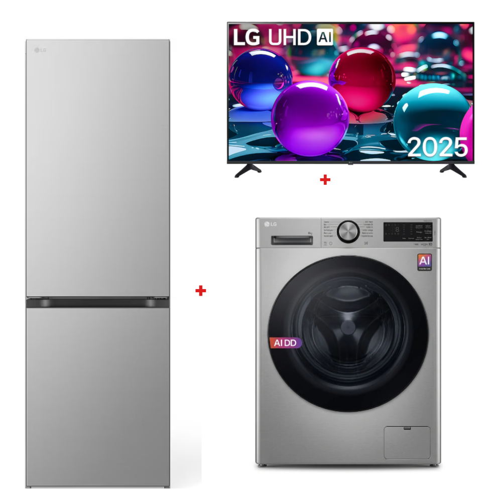 PACK (MACHINE A LAVER LG 8KG 1200T SLIM SILVER+REFREGIRATEUR LG COMBINE 333L NET INOX+TV LG LED 50P UHD)
