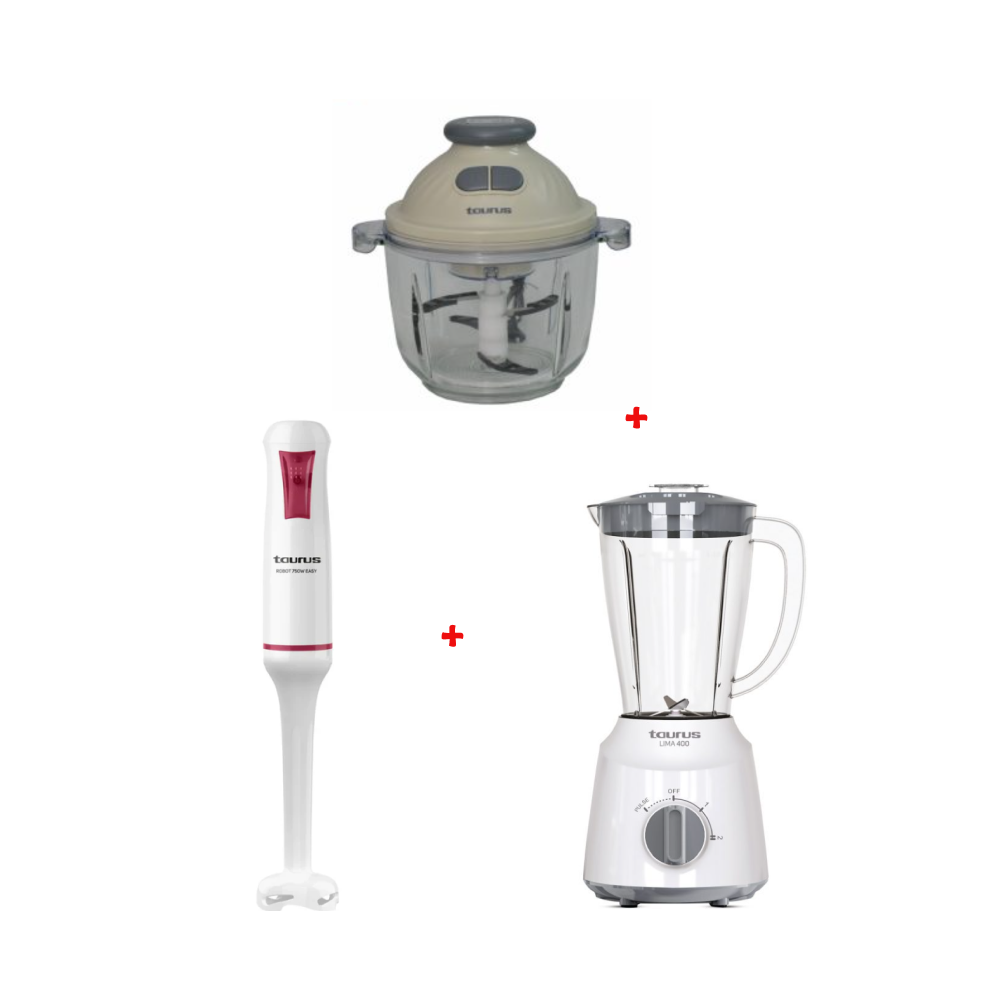 PACK(BLENDER TAURUS LIMA 400W 1,5L BLANC+MIXEUR PLONGEANT TAURUS EASY 750W BLANC+MINI HACHOIR TAURUS CHOPPER TOP GLASS)