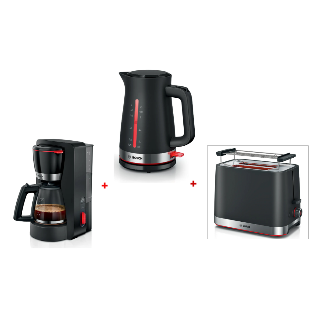 PACK(BOUILLOIRE BOSCH MYMOMENT 1.7L NOIR+TOASTER BOSCH COMPACT MYMOMENT NOIR+CAFETIERE BOSCH 1.4L NOIR)