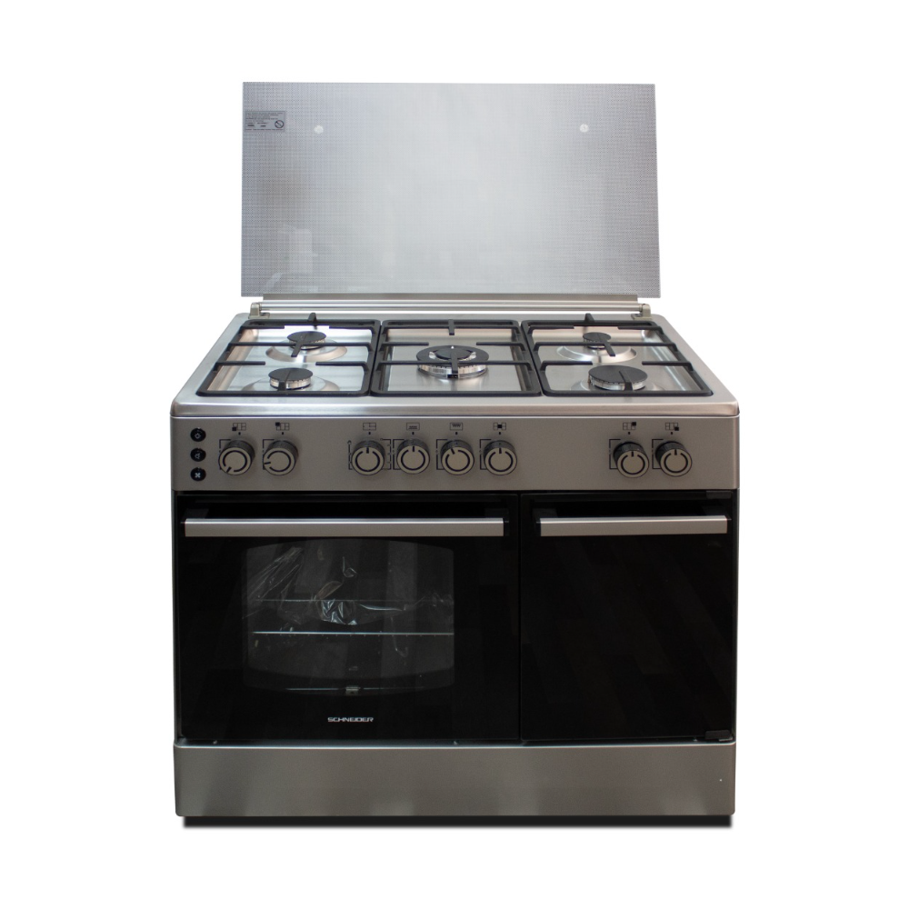 CUISINIÈRE SCHNEIDER 5 FEUX 90CM CACHE BOUTEILLE GRILLES EN FONTE INOX