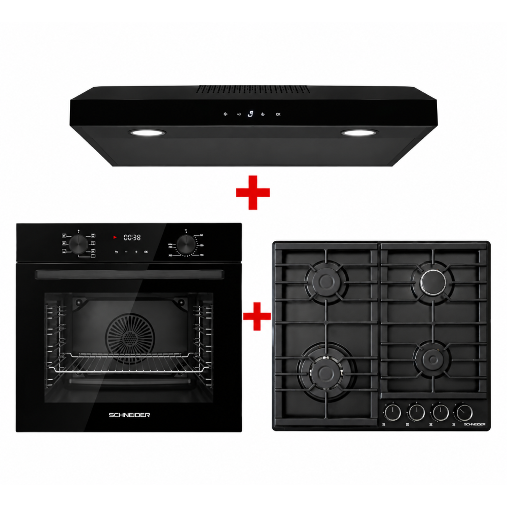 PACK(PLAQUE SCHNEIDER 4 FEUX 60CM NOIR TURBO+FOUR ENCASTRABLE SCHNEIDER 60 CM NOIR+HOTTE SCHNEIDER 60CM CASQUETTE DIGITAL NOIR)