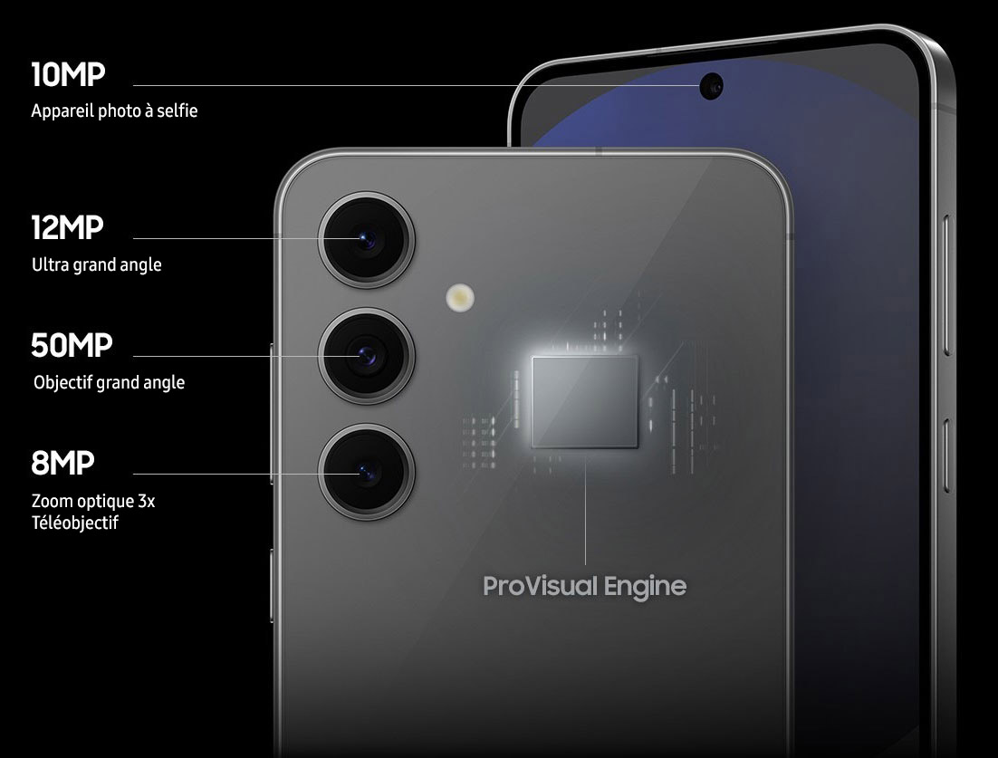 Two Galaxy S24 FE devices. One viewed from the front, showcasing a 10MP Selfie Camera. The other seen from the back, highlighting three rear cameras labeled as 12MP Ultra Wide Camera, 50MP Wide-angle Camera and 8MP 3x Optical Zoom Telephoto Camera, with a glowing ProVisual Engine visible on the back of the device.