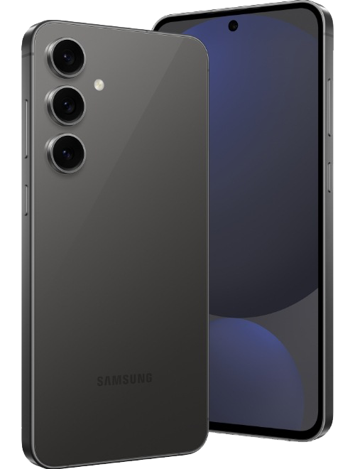 Two Galaxy S24 FE devices in Graphite, shown from the front and rear.