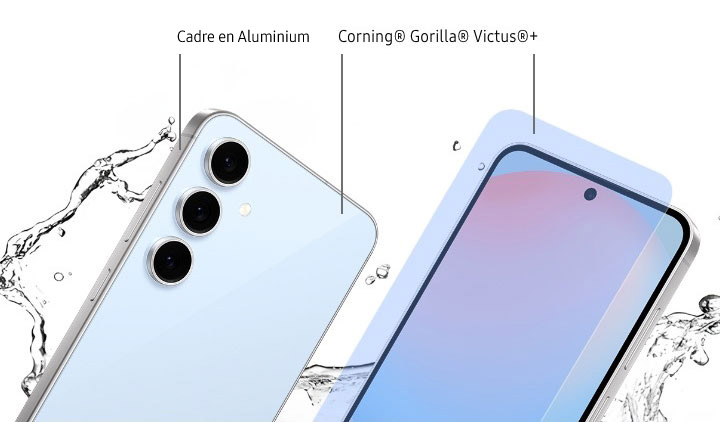 Two Galaxy S24 FE devices are shown next to each other. One is angled to show its rear and side labeled ALUMINUM FRAME. The other shows its front with a hovering display film labeled Corning® Gorilla® Glass Victus®+. Splashes of water are surrounding the two devices. Samsung Care+ logo.