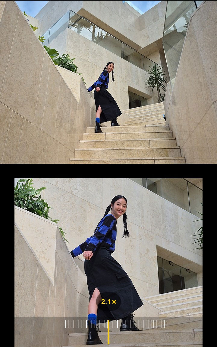 A photo of a woman standing on a staircase. Below, a zoomed-in photo shows the same woman with the staircase appearing larger. Text reads Captured by Galaxy S24 FE #withGalaxy.